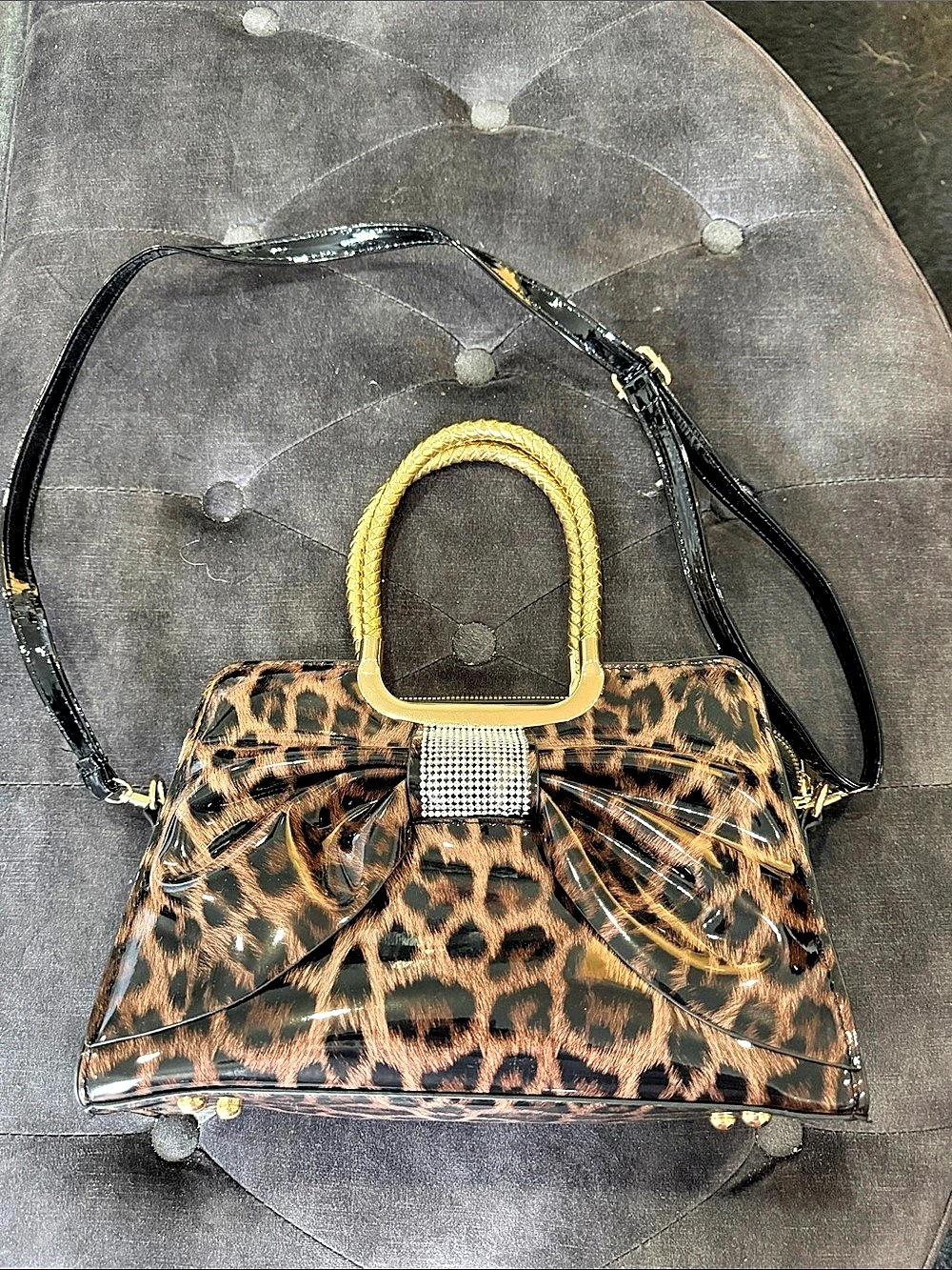 Leopard Print Structured Shoulder Bag Brown & Black